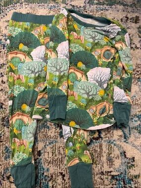 Green Woodland Hobbit-Style Kids Pajama Set with Forest Print